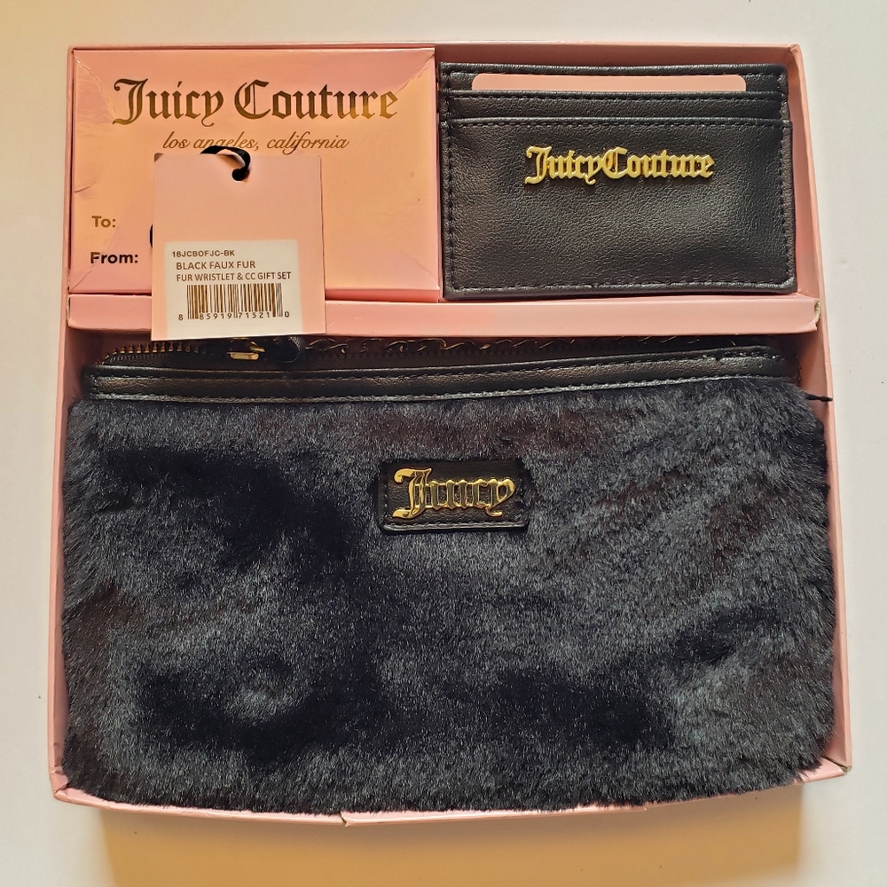 New Black Juicy Couture Mini Fur Bag And Card Holder Set NWT
